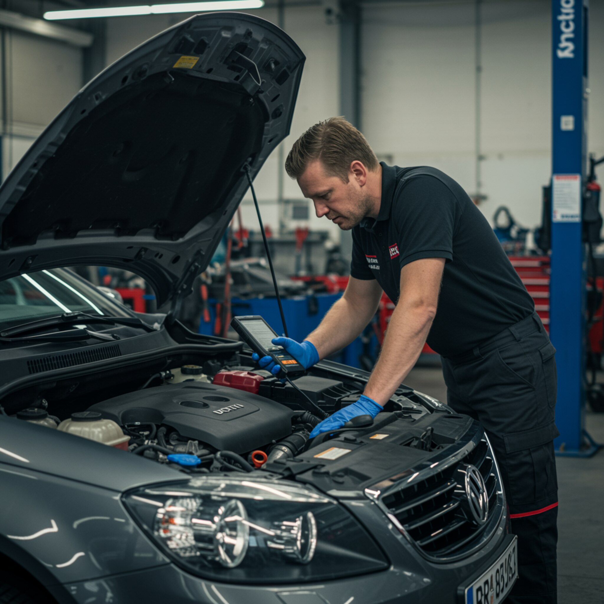 "Imagen de un mecánico revisando el motor de un automóvil en un taller automotriz, utilizando un escáner diagnóstico digital para ofrecer servicios mecánicos y de ITV de calidad."