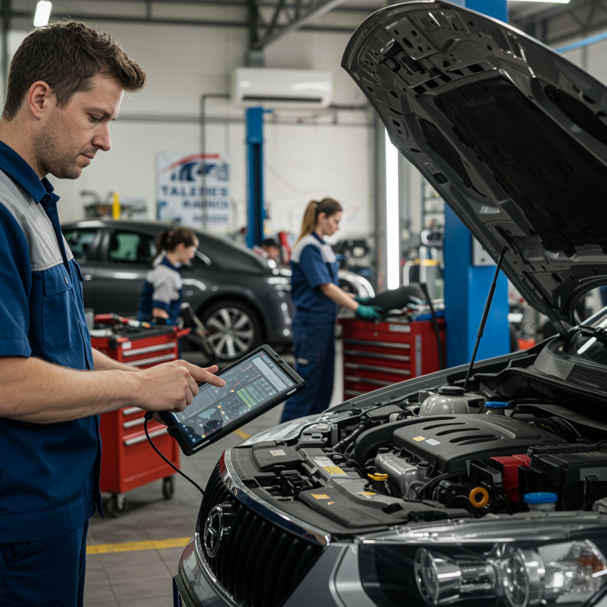 "Imagen del taller mecánico 'TALLERES MECANICA RAMON' mostrando mecánicos trabajando en el diagnóstico y mantenimiento de vehículos en un ambiente limpio y bien iluminado."