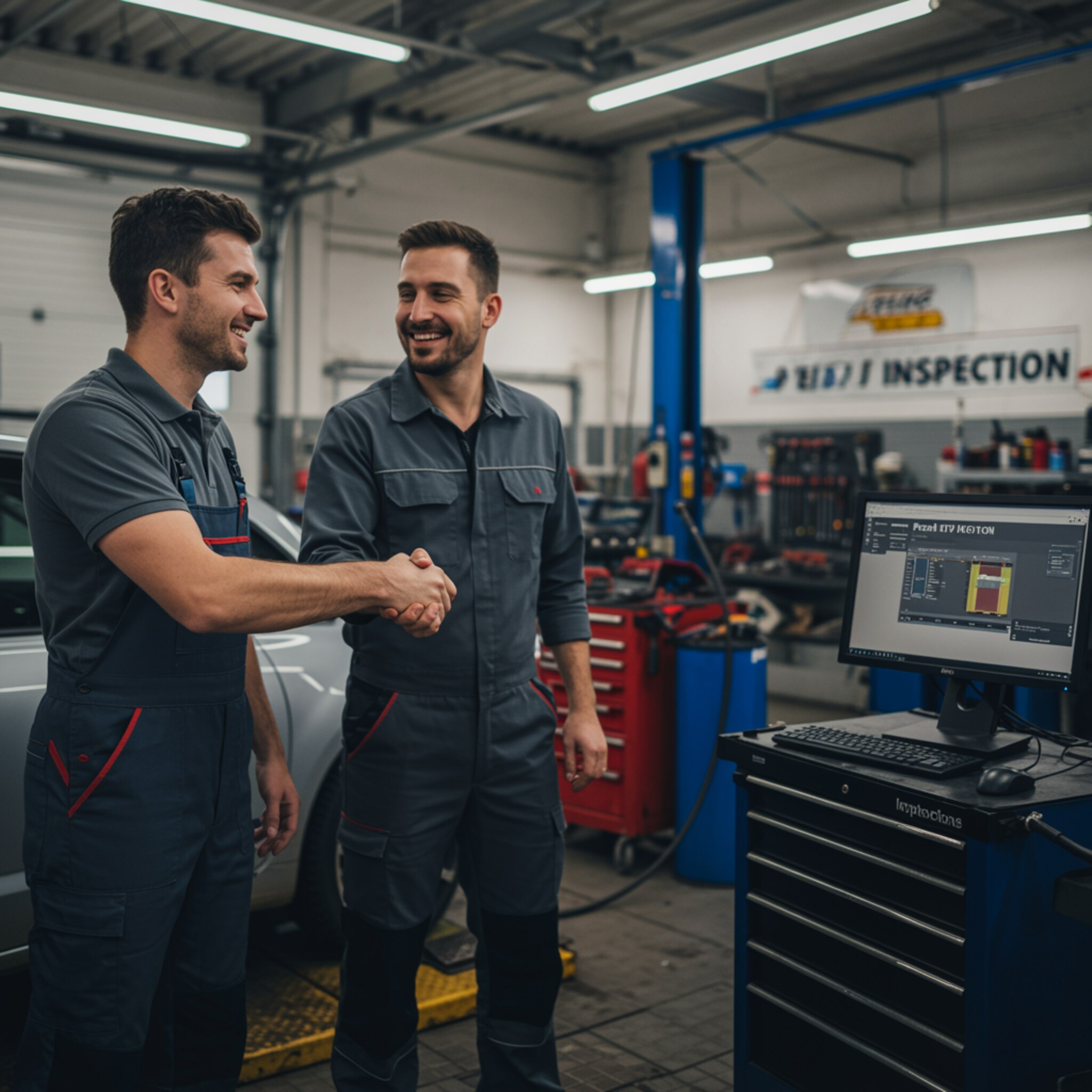 " mecánico sonriente en un taller limpio y bien iluminado, estrechando la mano a un cliente satisfecho junto a un coche, reflejando profesionalismo y servicio experto."