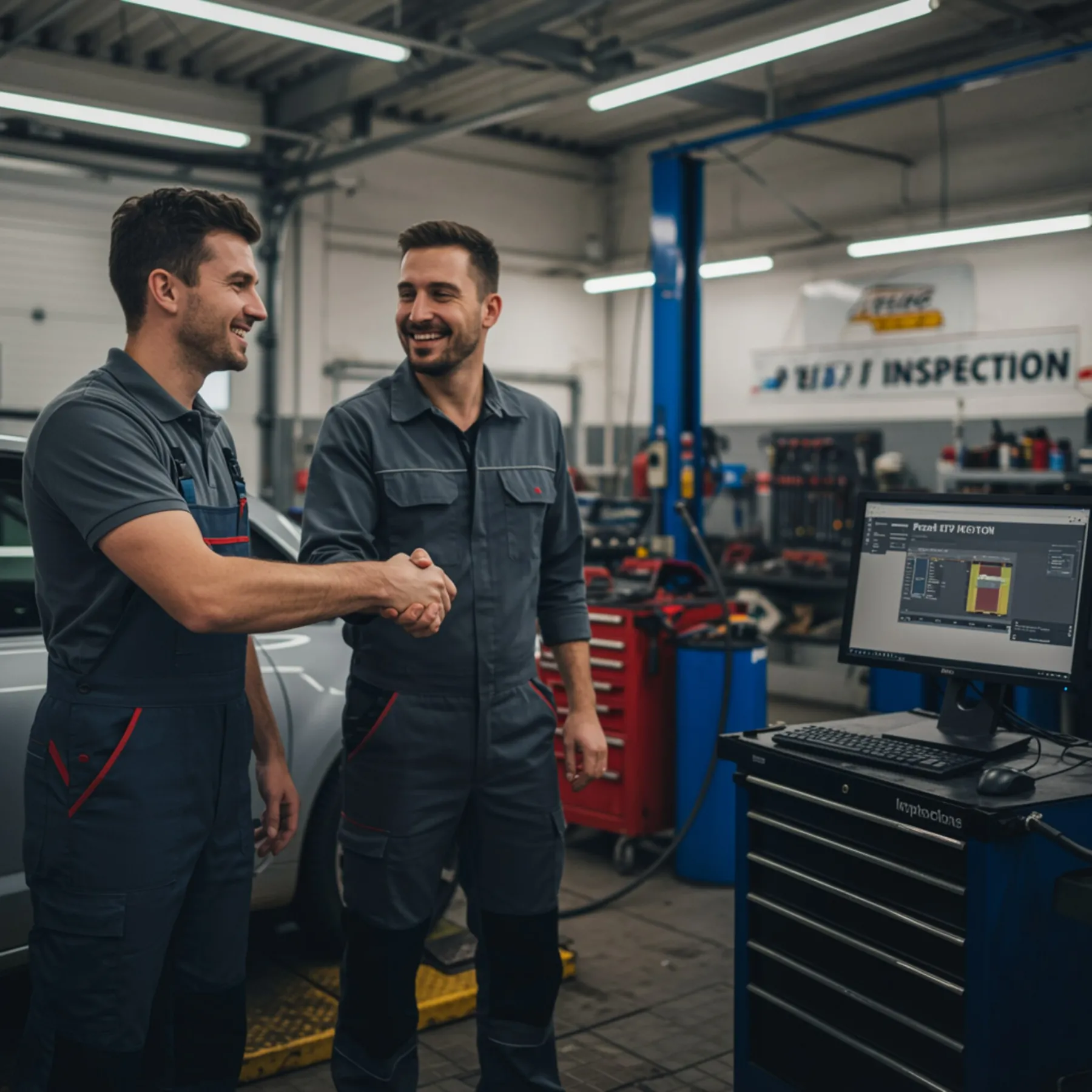 imagen34 3 " mecánico sonriente en un taller limpio y bien iluminado, estrechando la mano a un cliente satisfecho junto a un coche, reflejando profesionalismo y servicio experto."