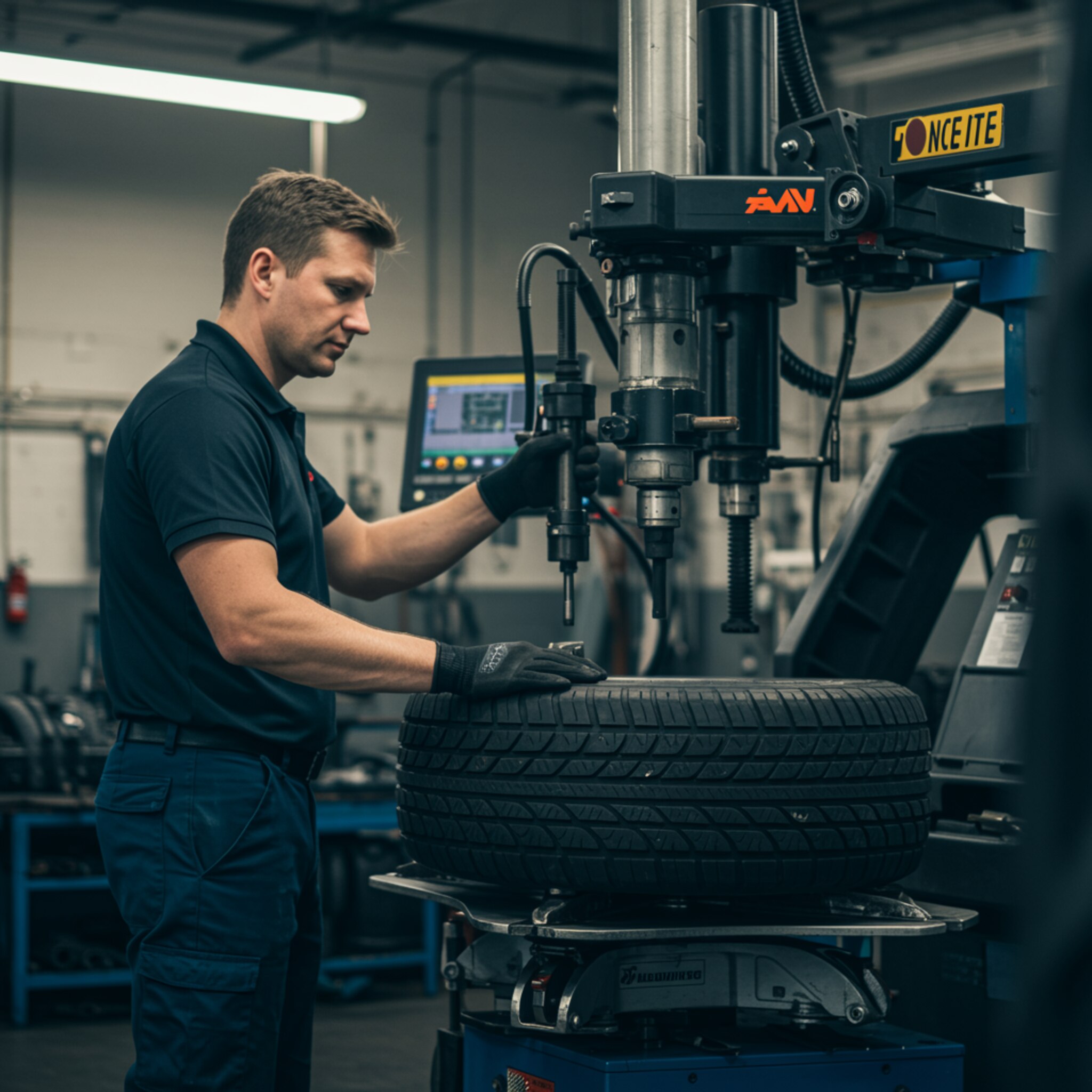"Técnico blanco ajustando un neumático nuevo con una máquina avanzada en un taller, con enfoque en la maquinaria detallada y un fondo suavemente difuminado."